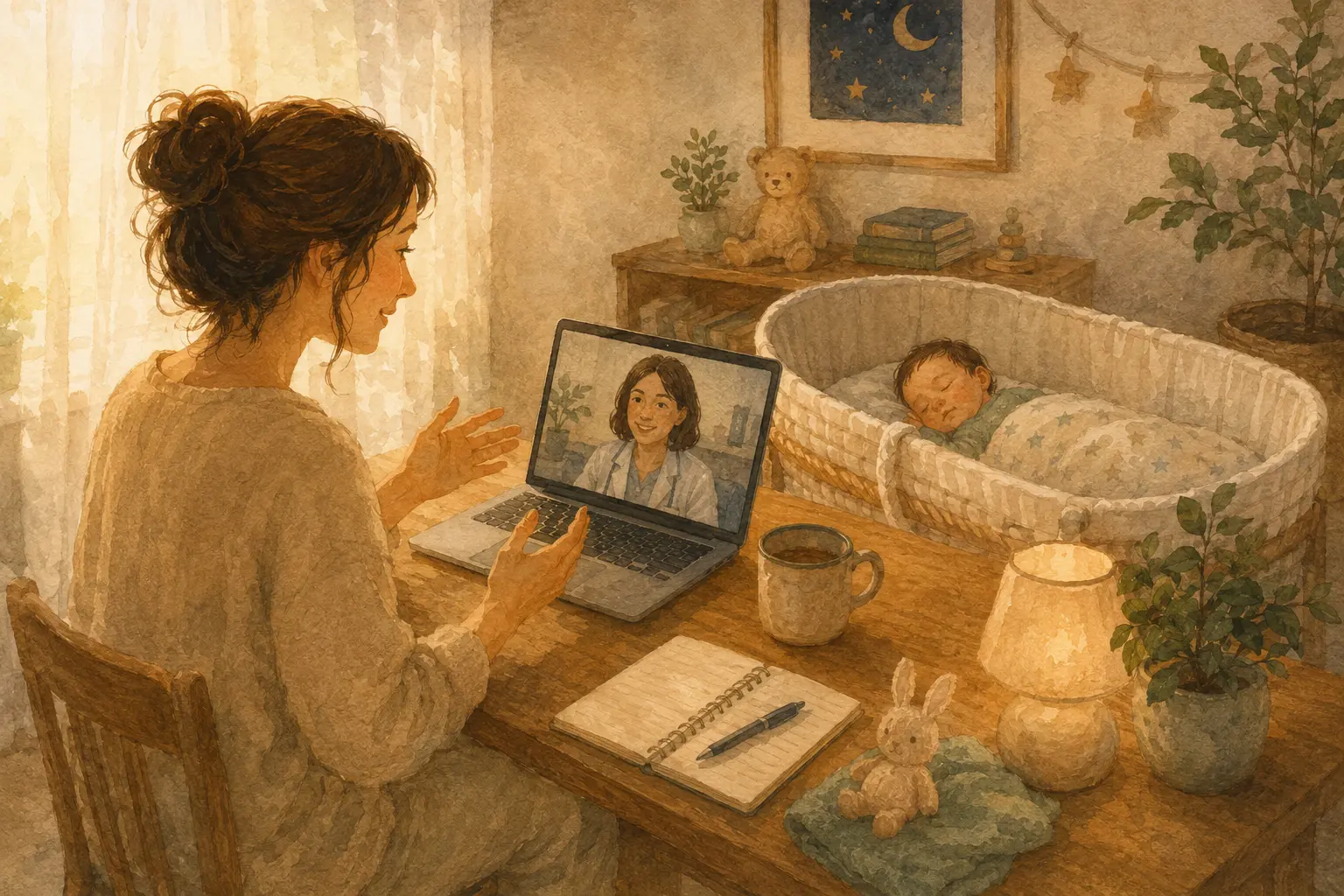 A warm illustration of a parent speaking with a sleep educator online