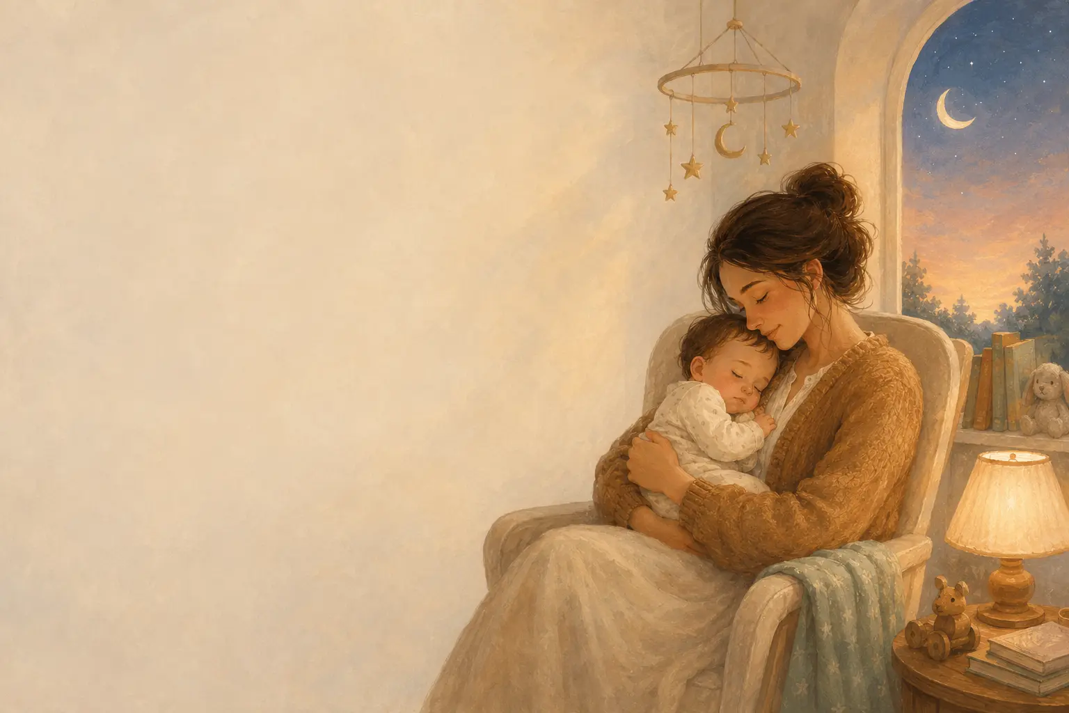 A warm illustration of a parent holding a sleeping baby between moonlight and dawn