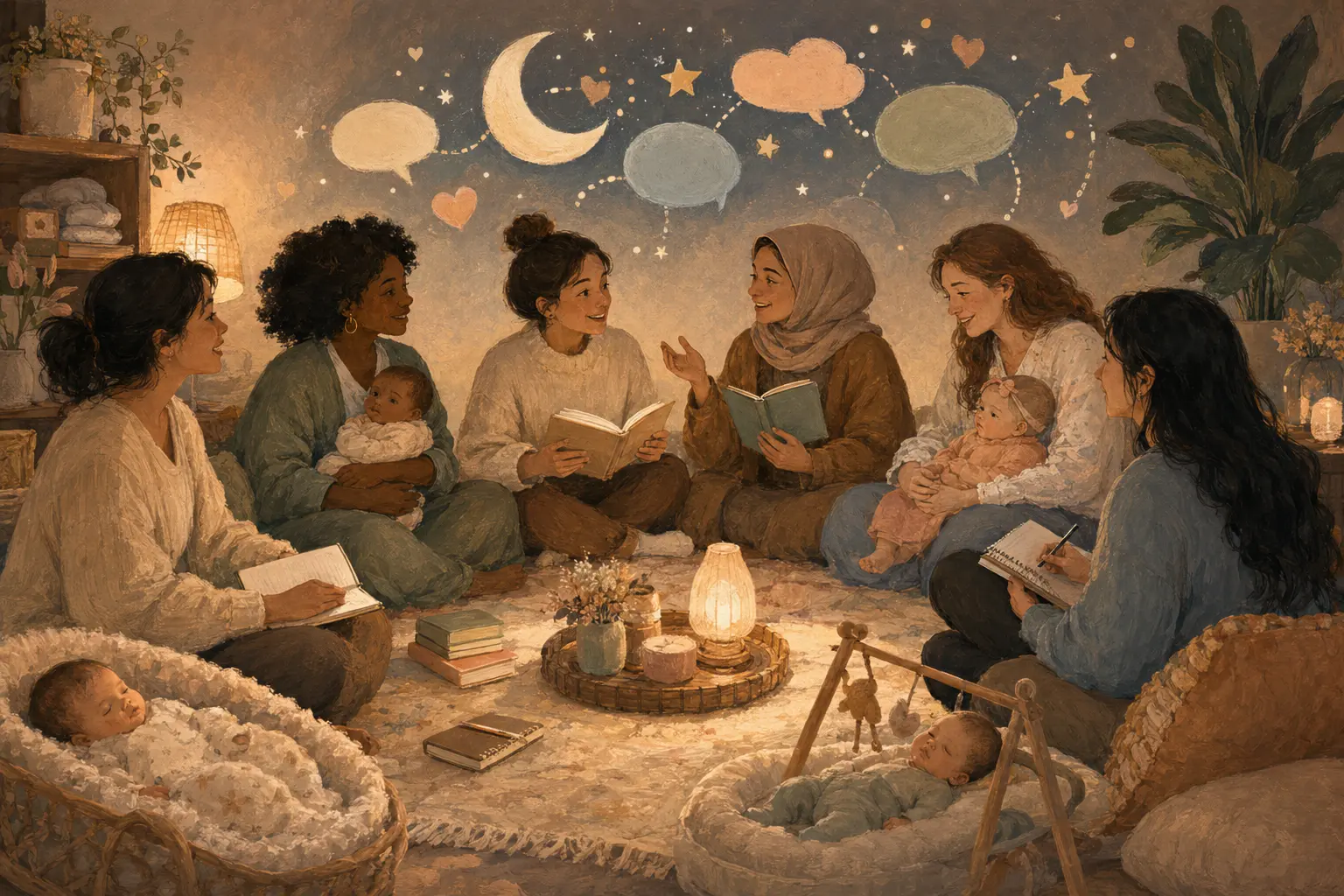 A warm illustration of parents sharing sleep guidance in a welcoming community