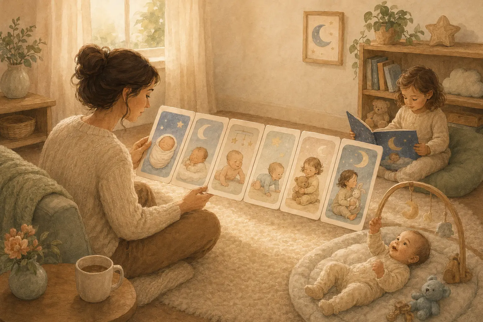 A warm illustration of a parent exploring age-based sleep learning cards with children