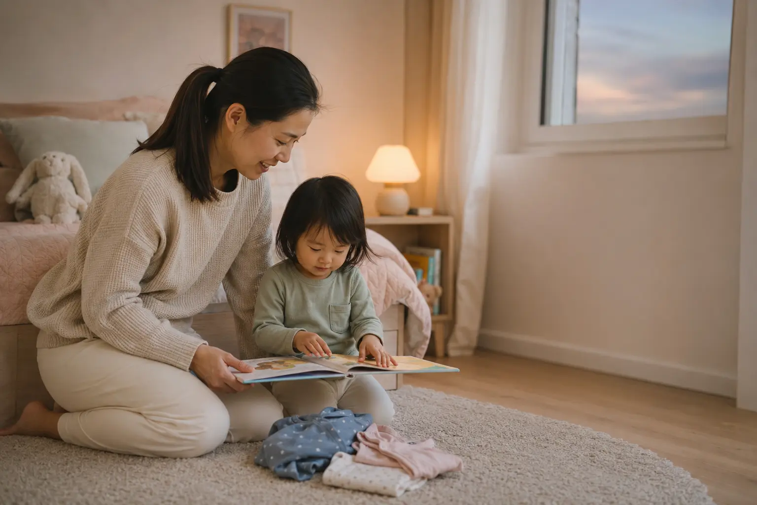 A parent and toddler sharing a bedtime picture book