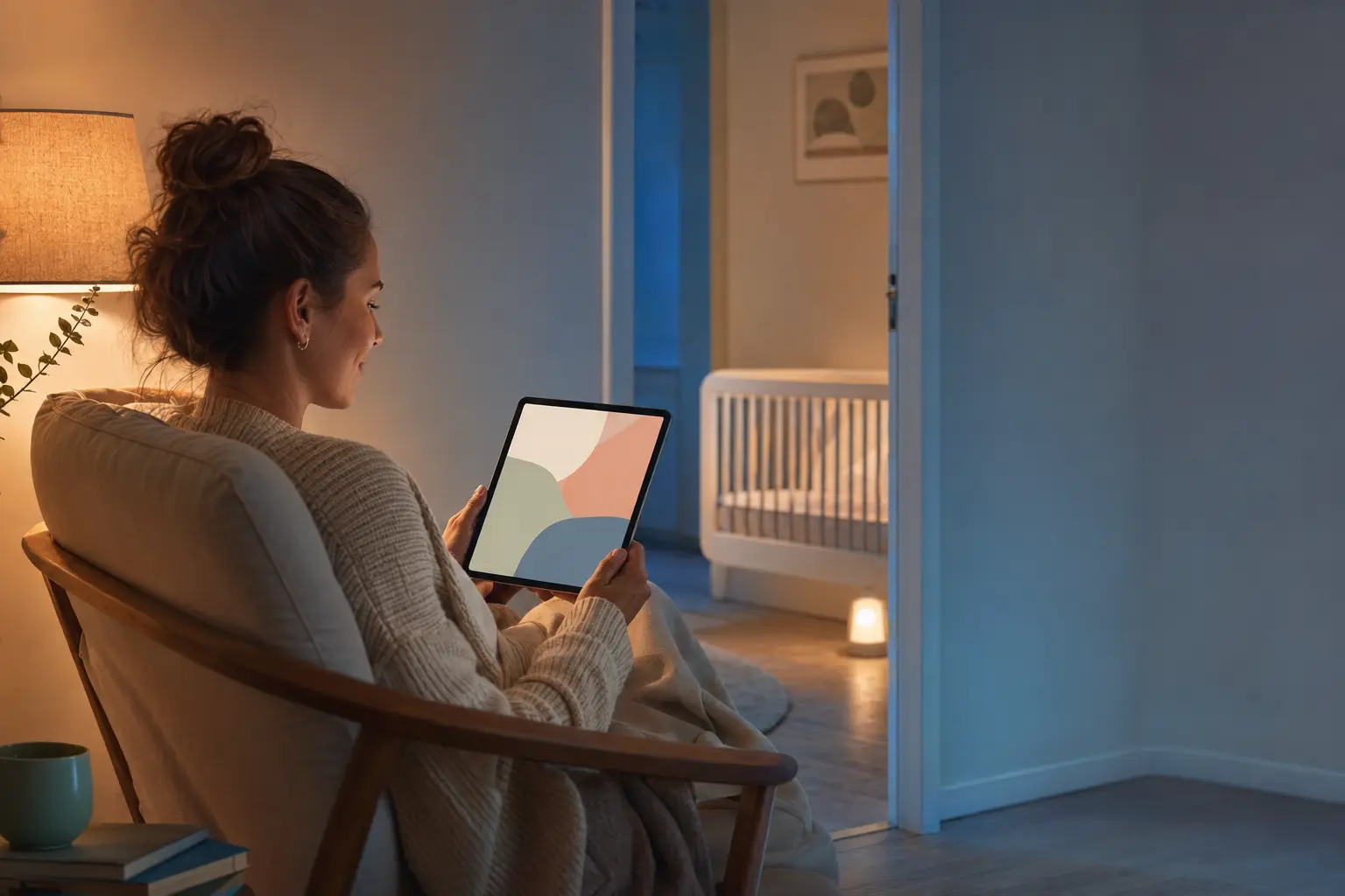 A parent reading an online sleep guide beside a quiet nursery